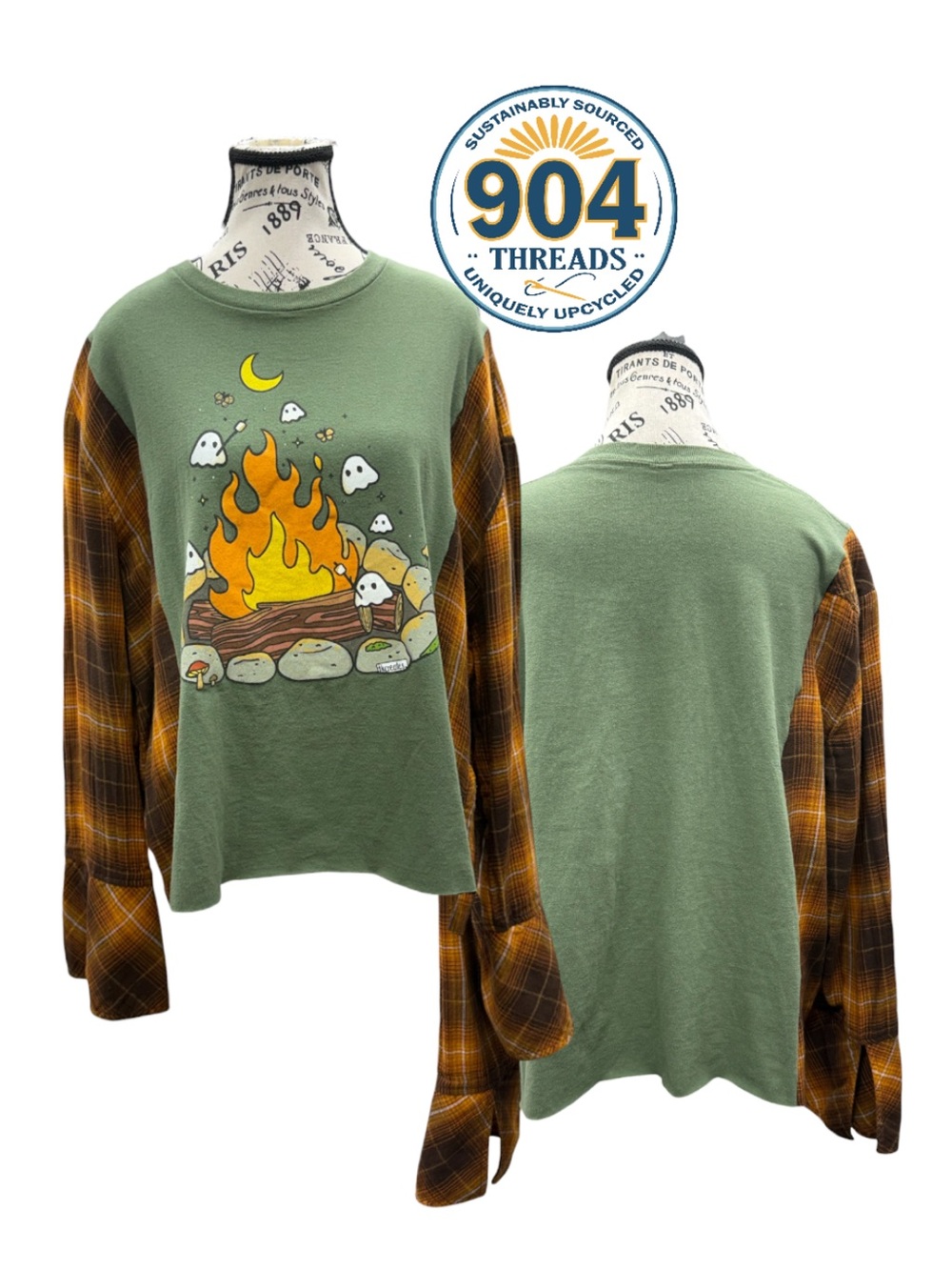 Ghost Campfire Flannel Upcycled Tee Spooky Boho